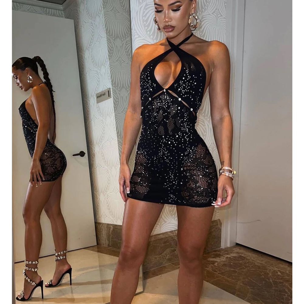White fox black rhinestone mini dress